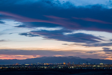 Aerial sunset high angle view of the downtown Las Vegas Strip