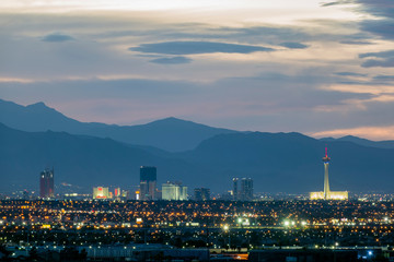 Fototapeta na wymiar Aerial sunset high angle view of the downtown Las Vegas Strip