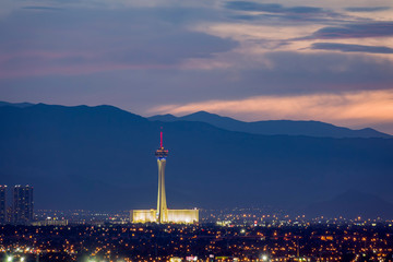 Aerial sunset high angle view of the downtown Las Vegas Strip