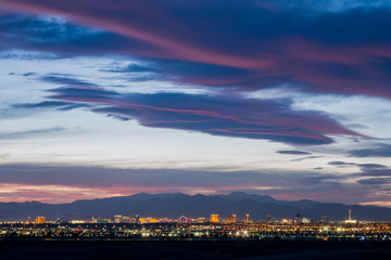 Aerial sunset high angle view of the downtown Las Vegas Strip