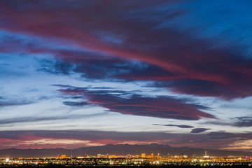 Aerial sunset high angle view of the downtown Las Vegas Strip