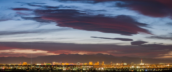 Aerial sunset high angle view of the downtown Las Vegas Strip