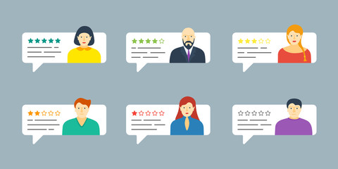 Feedback chat speech bubble with male and female avatar set. Review quality system five stars rating with good and bad testimonial rate collection. Vector rating appraisal illustration concept