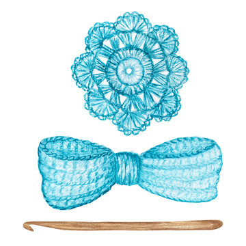 Crochet light blue bow, flower, hook hand made concept. Watercolor Hand drawn hobby Knitting and Crocheting tool set on white background.