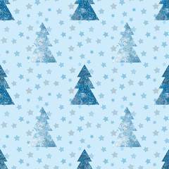 Illustrated seamless Christmas pattern with textured stylized Christmas trees