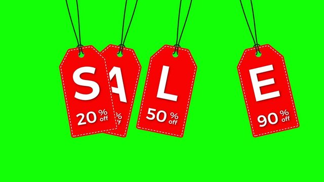 Isolated red hanging sales tags on green background, seamless loop.