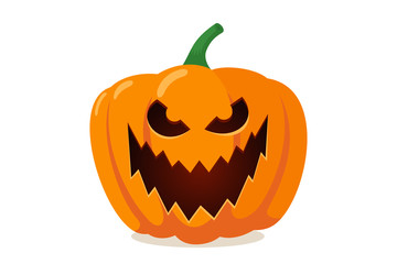 Scary spooky pumpkin jack-o-lantern with creepy toothy smile. Traditional horror decoration symbol of happy halloween holiday celebration. Flat vector illustration isolated on white background