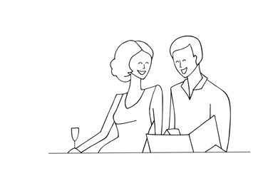 Vector hand drawn contour illustration isolated on white background. Young woman in a dress with a glass of champagne. Man in shirt. Happy smiling couple in a restaurant looking through the menu