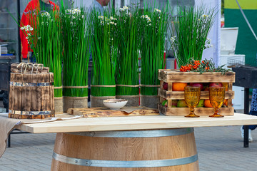 table setting in a rustic style. Household items and various decorative ornaments. Lifestyle, interior and decor.