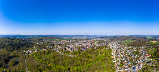 Obraz premium Braunfels Castle, with Hubertus Tower, New Keep, Georgen Tower and Alter Stock, Braunfels, Hesse, Germany,