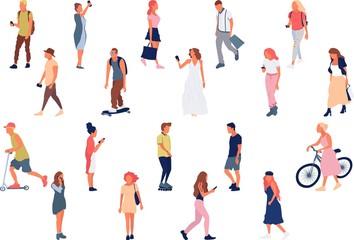 Crowd of young men and women holding smartphones and texting, talking, listening to music, taking selfie. Cartoon men and women performing outdoor activities on city street. . Flat vector illustration