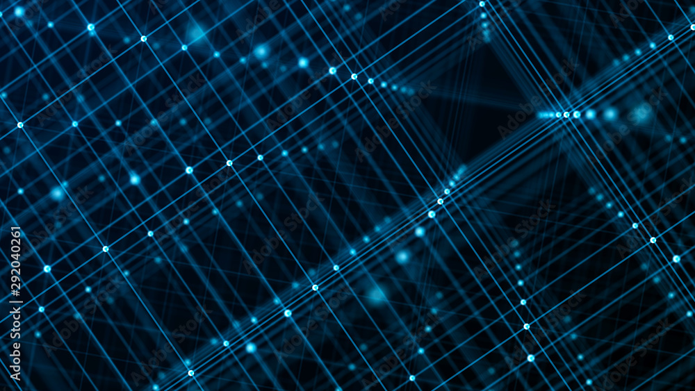 Poster Glowing digital tunnel. Abstract connection of dots and lines on dark background. Concept of network, internet communication. 3D