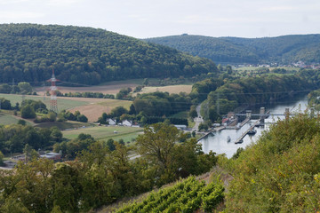 View of the Neckar valley and river from the Hornberg Castle above the village Neckarzimmern, Germany 