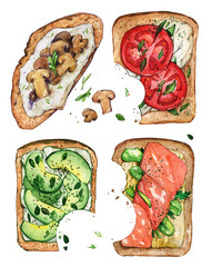 Sandwich Bitten fish mushrooms bite pieces avocado spices bacon tomato set watercolor