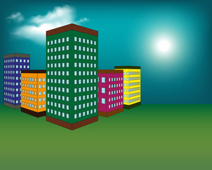 Vector illustration of night city with buildings, clouds and moon at the sky. Cityscape background in flat style. Skyline silhouette with yellow windows. Night view for banner, web design.