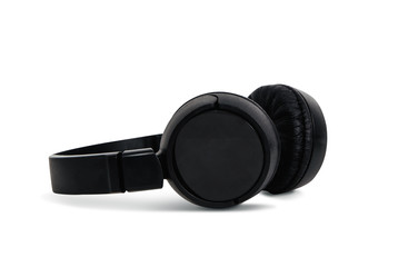 Black headphones isolated on white. The concept of creating and listening to music. Comfortable headphones for listening to music. Creating sounds and listening to the foundations.
