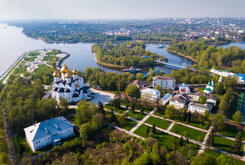 Panoramic aerial view of  city of Yaroslavl with buildings, river Volga