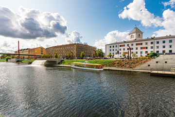 Panoramic view of riverside and central Promenade in Jelgava, Latvia. During sunny summer day.