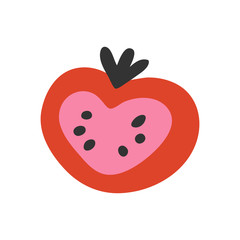 Cut heart shaped tomato illustration. Hand drawn colored vector drawing clipart isolated. Concept of love. Flat trendy style, handdrawn illustration for vegetarian icon, poster, banner, logo, menu.