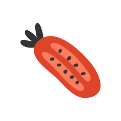 Red cut tomato slice illustration. Hand drawn colored vector drawing clipart isolated. Flat trendy style, handdrawn illustration for vegetarian icon, poster, banner, logo, menu.