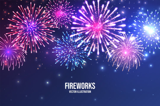 Festive fireworks. Realistic colorful firework on blue abstract background. Multicolored explosion. Christmas or New Year greeting card. Diwali festival of lights. Vector illustration.