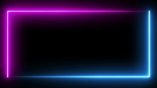 Neon light glowing rectangle frame, blue and purple light. Ultraviolet fluorescent led banner.Flashing light. Night club signboard with empty space for logo or text.Animation on black background loop 