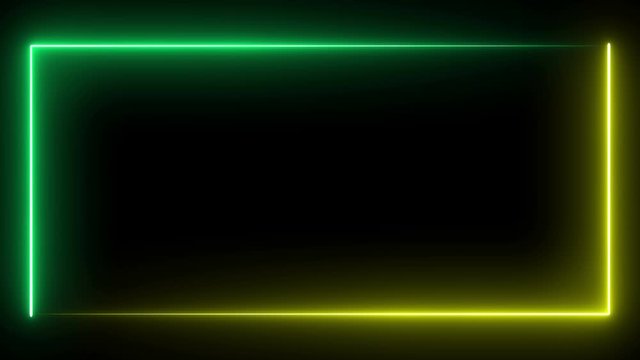 Neon light glowing rectangle frame, green and yellow light. Ultraviolet fluorescent led banner.Flashing light. Night club signboard with empty space for logo or text.Animation on black background loop