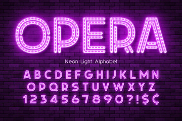 Neon light 3d alphabet, led extra glowing font.