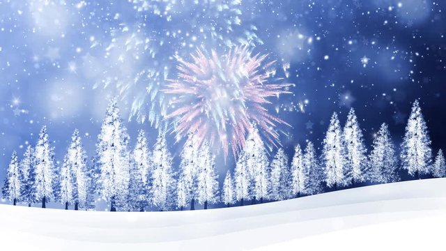 Illustrated snowy winter landscape with fireworks animation background..