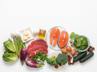 Atkins Diet food ingredients isolated on white, health concept, top view with copy space