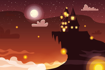 scary castle with moon in scene of halloween