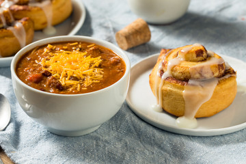 Homemade Chili Soup and Cinnamon Roll