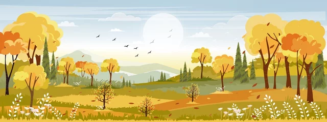 Gardinen Autumn landscapes of Countryside,Panoramic of mid autumn with farm field, mountains, wild grass and leaves falling from trees in yellow foliage. Wonderland landscape in fall season © Anchalee