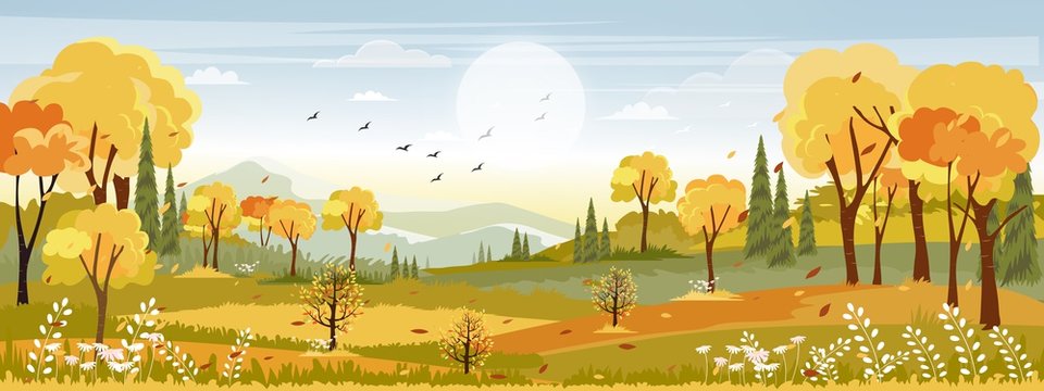 Autumn landscapes of Countryside,Panoramic of mid autumn with farm field, mountains, wild grass and leaves falling from trees in yellow foliage. Wonderland landscape in fall season