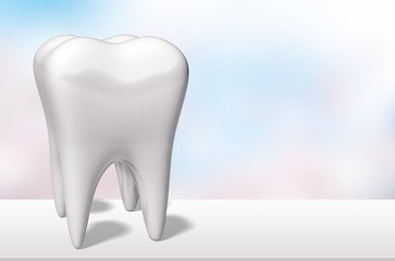 Big tooth and dentist mirror, health concept on bokeh background