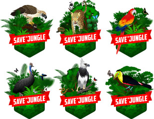 set of vector jungle rainforest emblems with red scarlet Macaw ara parrot, harpy eagle, boa, rainbow-billed toucan,  cassowary, philippine Eagle, monkey,  jaguar, anaconda and blue morpho butterfly - obrazy, fototapety, plakaty