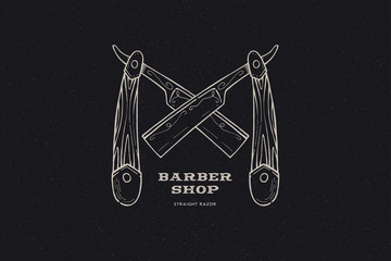 Hand drawn crossed straight razors. Vintage label, hand drawn on the theme of Barber shop and shave. Monochrome linear style. Vector illustration. - obrazy, fototapety, plakaty