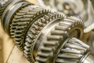 The gears from the car's gearbox close up.