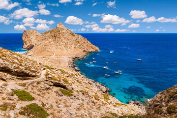 Panoramic view of Punta Troia with the castle and the beautiful Cala (cove) Manione, Marettimo,...