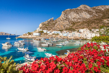 View of the village of Levanzo overlooking the small harbor, Egadi Islands, Italy - obrazy, fototapety, plakaty