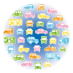 色々な車のサークル状アイコンギャラリー(水彩風シルエット)白フチあり