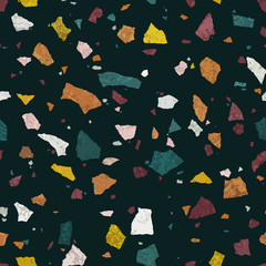 Terrazzo seamless pattern. Stone mosaic. Trendy background in dark colors