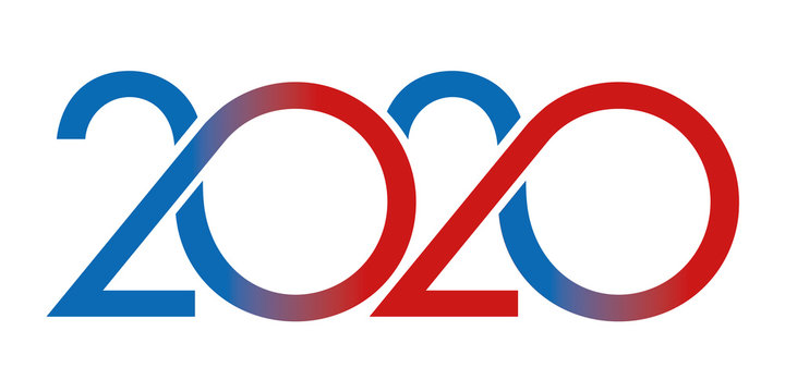 Carte de vœux au graphisme original pour présenter l’année 2020. Elle montre une succession de courbes de couleur rouge et bleue sur un fond blanc.