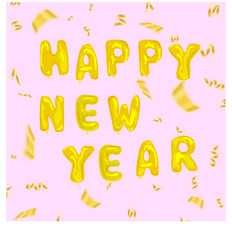 golden balloon font of happy new year lettering fly on the pink background with confetti. Concept design for new year or christmas event template in vector illustration