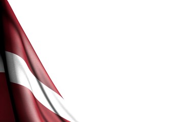 pretty isolated photo of Latvia flag hanging diagonal - mockup on white with space for your content - any feast flag 3d illustration..