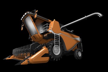 industrial 3D illustration of large rendered orange grain agricultural combine harvester with harvest pipe detached side view isolated on black