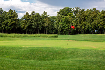 Fototapeta na wymiar andscape of a golf course with a green lawn and a hilly surface of the playing space with a hole marked with a red flag, in the background cane and trees on a sunny summer day.