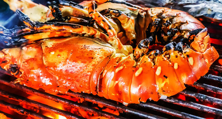 Lobster Cooking Barbecue Fire Grill Close-up