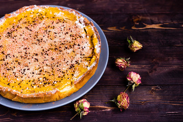 Pumpkin Pie Traditional Thanksgiving Tasty Tart. Autumnal Food Background with Hand Made Baked Cake. 