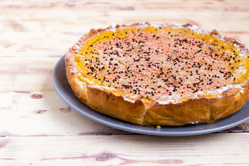 Pumpkin Pie Traditional Thanksgiving Tasty Tart. Autumnal Food Background with Hand Made Baked Cake. 